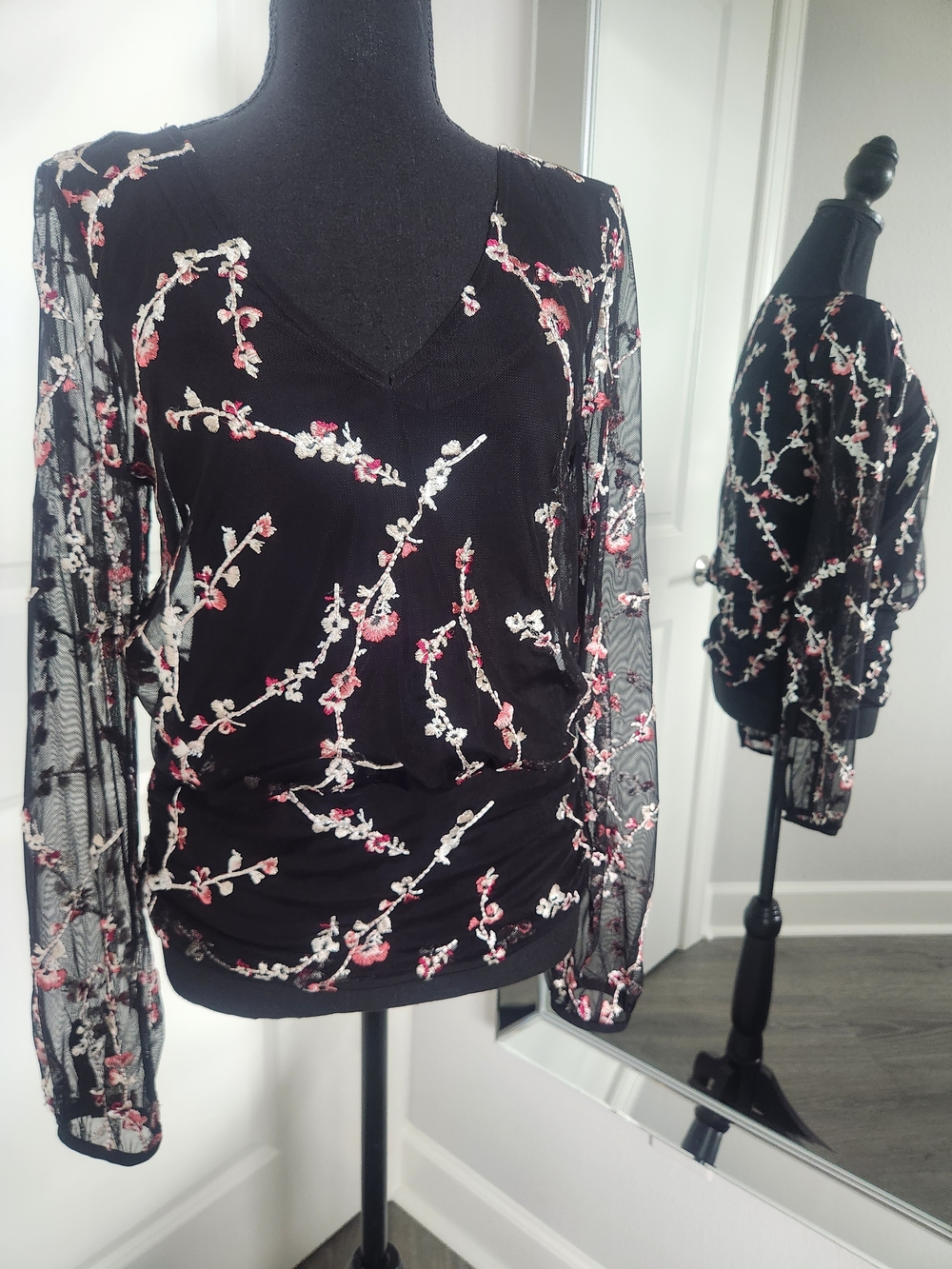 White House Black Market Black Sheer Embroidered Floral V-Neck Blouse